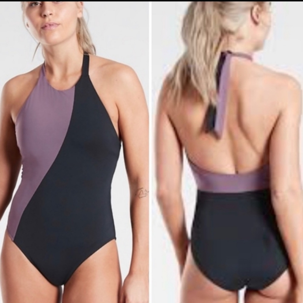 Athleta color block halter one piece swim suit black dusty purple color size xxs